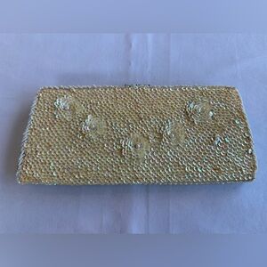 Vintage Cream Sequin Beaded Floral Kisslock Clutch with Mirror
